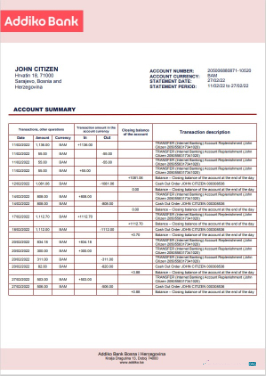 Download Bosnia and Herzegovina Addiko bank statement word
